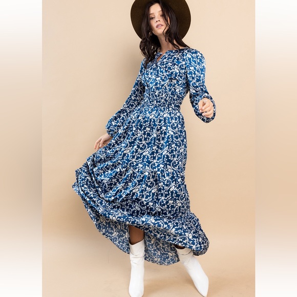 36 Boho Floral Printed Satin Tiered Maxi Dress - Picture 2 of 5